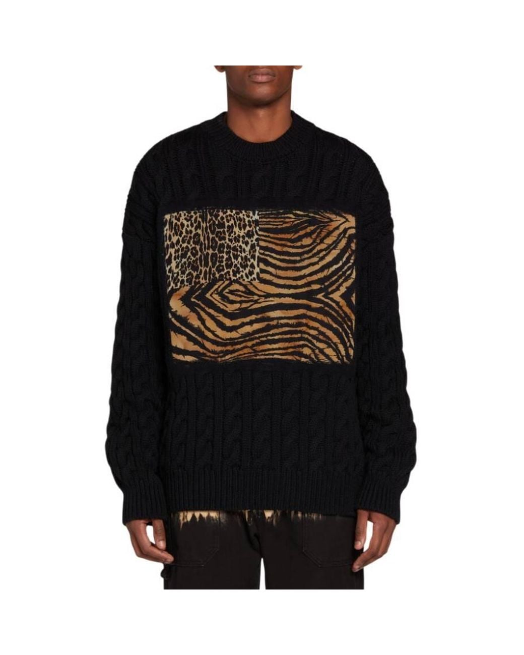 Roberto Cavalli Black Animalier Patchwork Cable-Knit Sweater