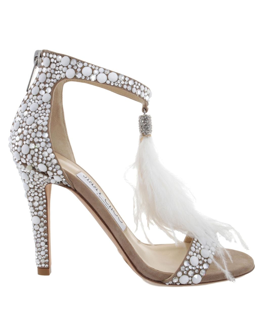 Jimmy Choo White Viola 100 Mm Feather Tassel Cocktail Sandals, Brand Size 34.5 Us