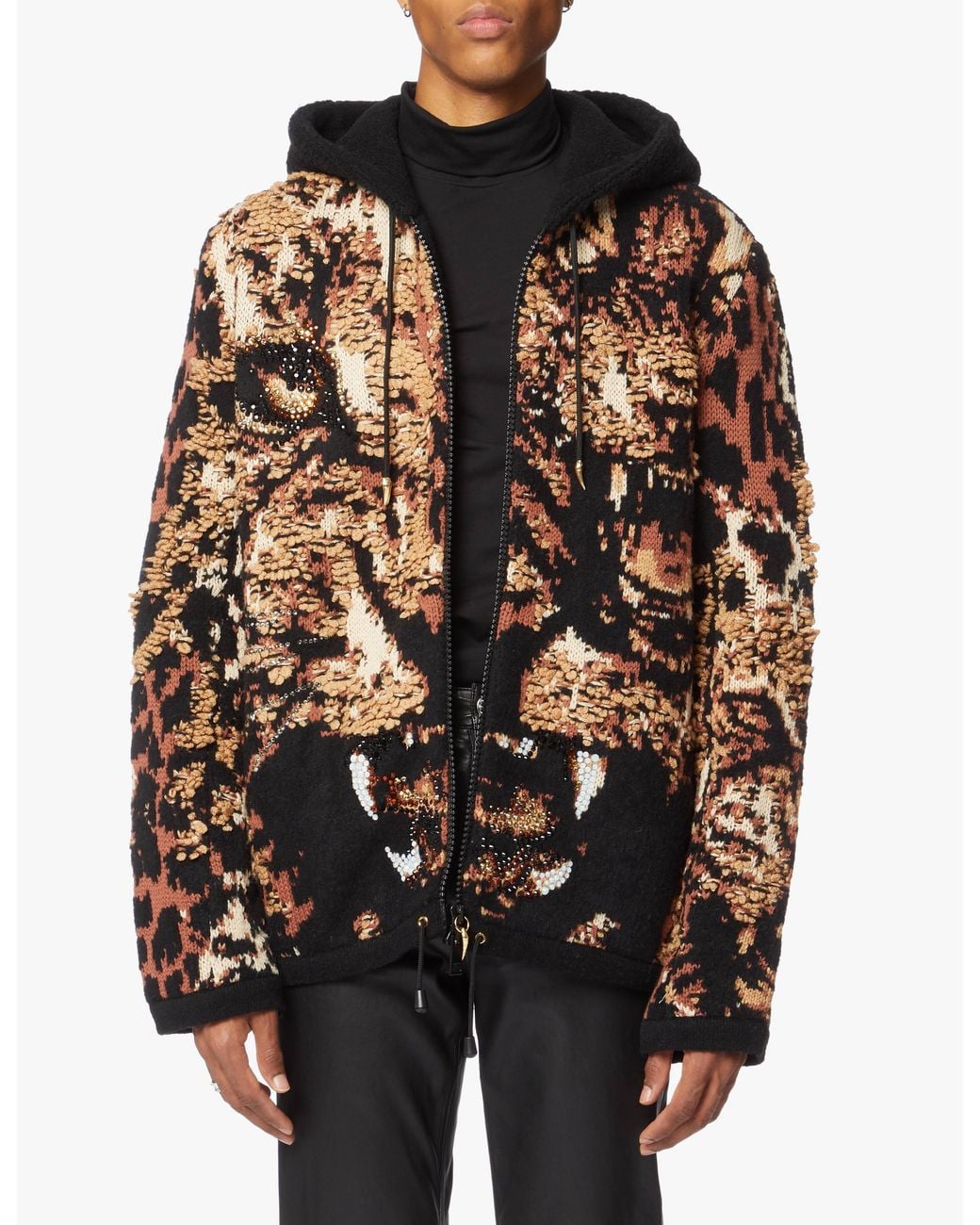 Roberto Cavalli Black Tiger Jacquard Hooded Jacket for men