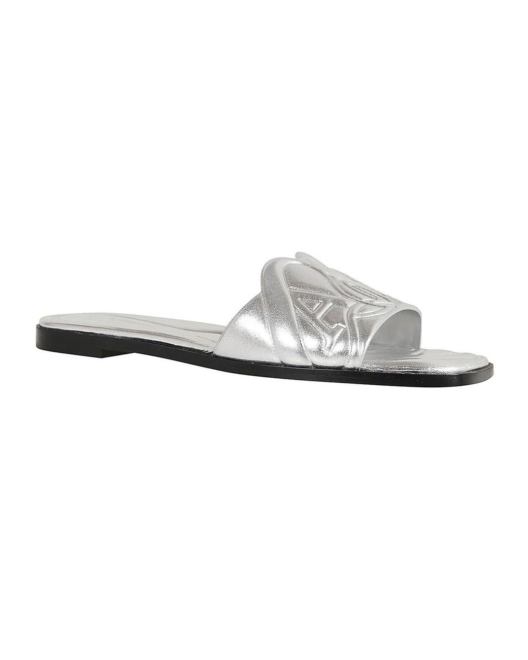 McQueen White Embossed Seal Leather Slides, Brand Size 36 Us