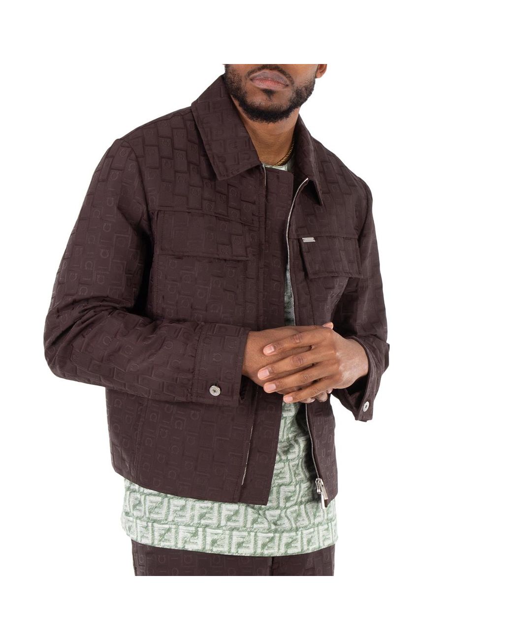 Ferragamo Brown Monogram Jacquard Blouson Jacket, Brand Size 50 Us for men