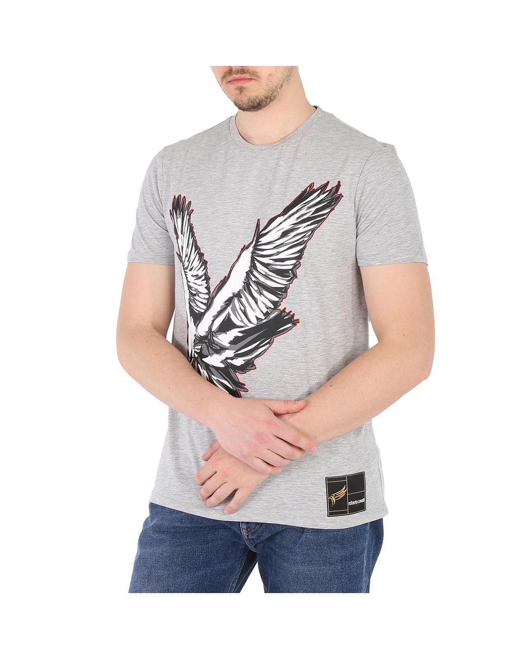 Roberto Cavalli Gray Melange Crewneck Eagle Print Slim Fit T-Shirt for men