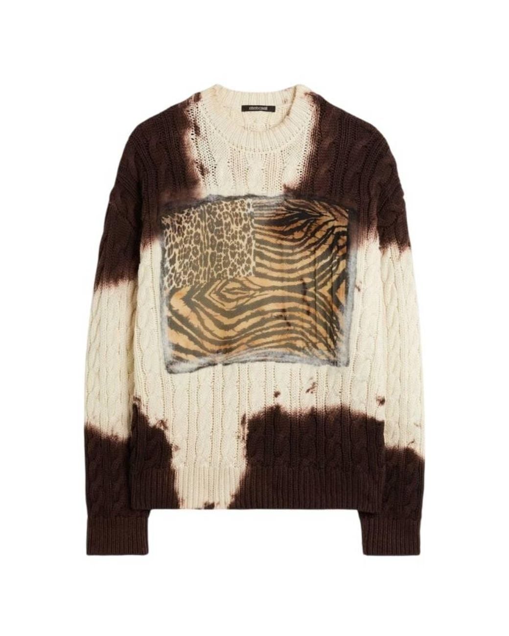 Roberto Cavalli Brown Animalier Patchwork Cable-Knit Sweater