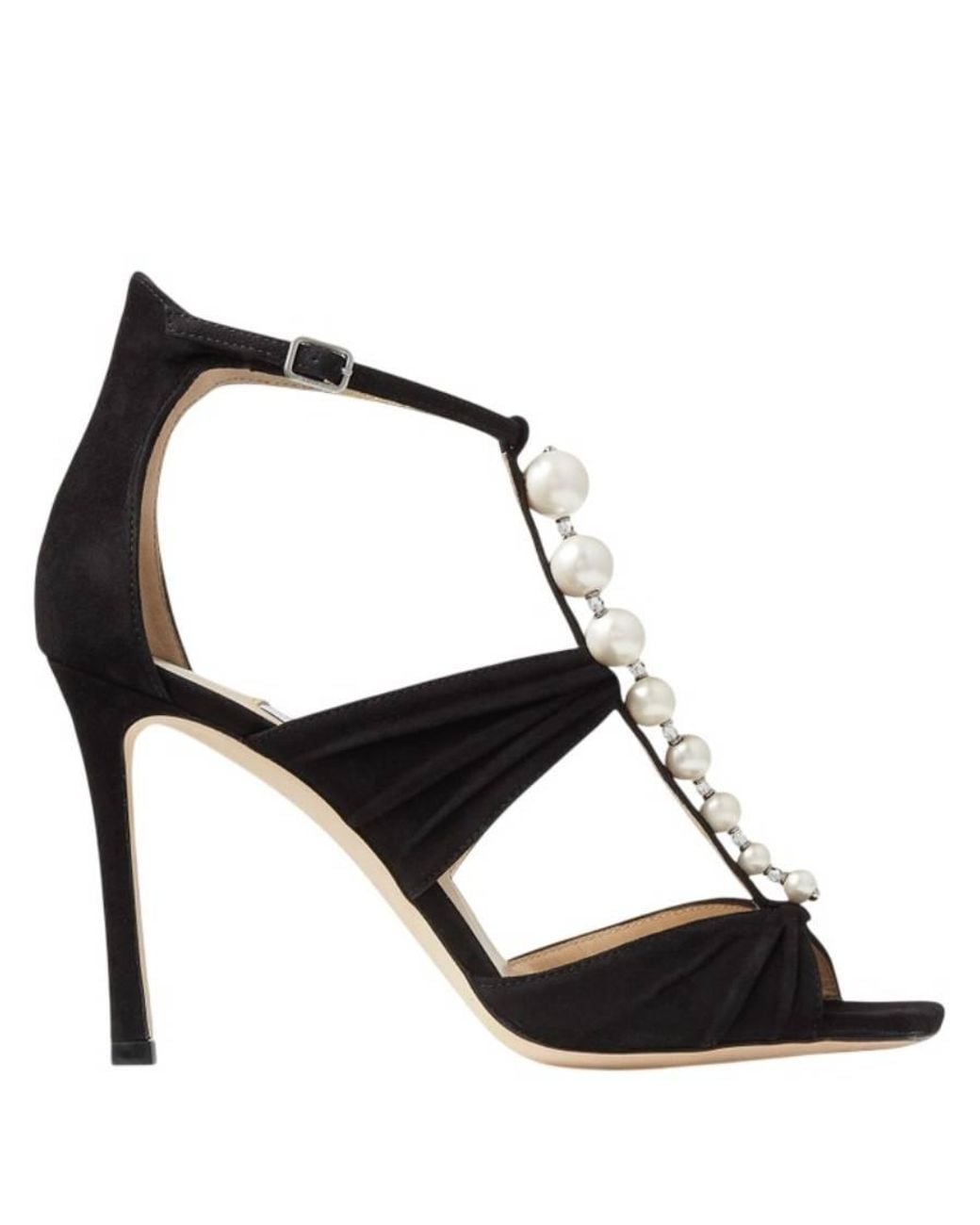 Jimmy Choo Black Aura 95 Pearls And Crystals Suede Sandals, Brand Size 34.5 Us
