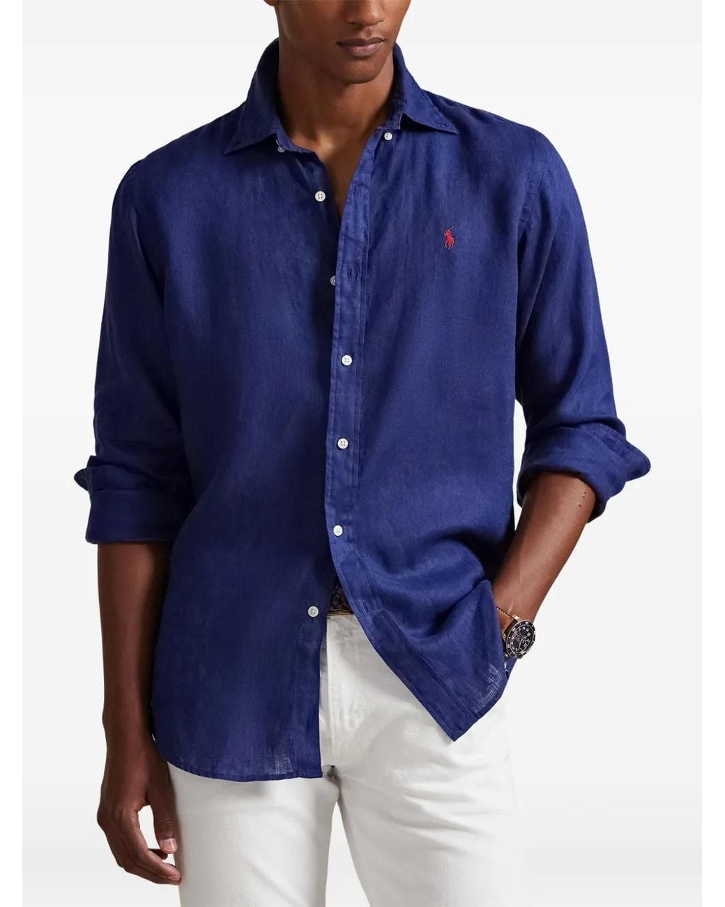 Polo Ralph Lauren Blue Custom Fit Linen Shirt for men