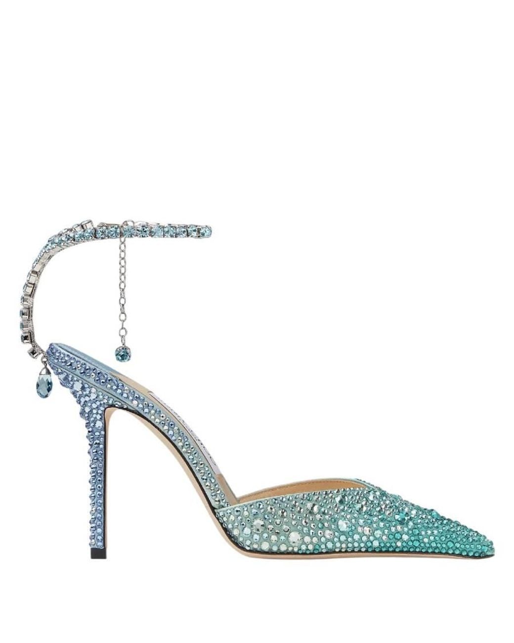 Jimmy Choo Blue Saeda 100 Crystal Embellished Satin Pumps, Brand Size 34.5 Us