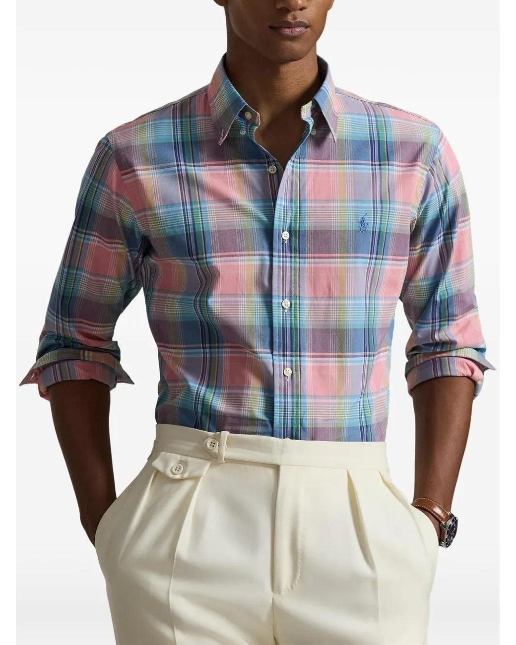 Polo Ralph Lauren Blue Custom Fit Plaid Poplin Shirt for men
