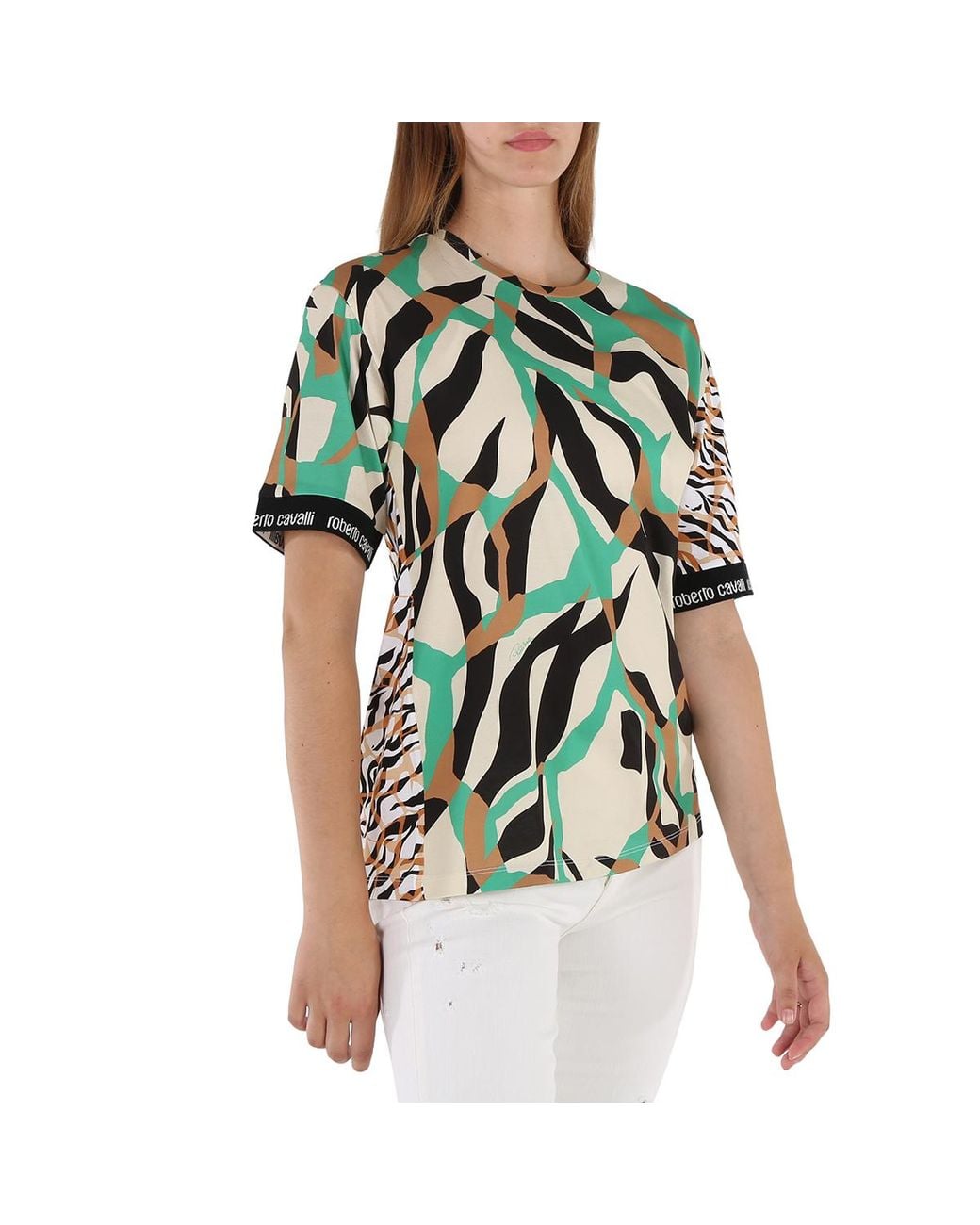Roberto Cavalli Green Ladies Contrast Sleeve Macro Tiger Twiga Cotton Boxy T-Shirt for men