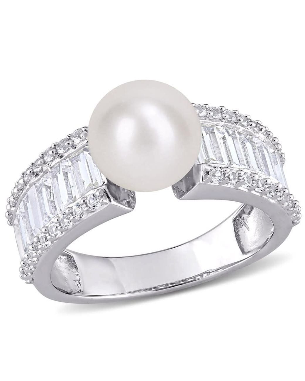 Amour Metallic 8-8.5Mm Cultured Freshwater Pearl And 2 2/5 Ct Tgw Created Sapphire Engagement Ring for men