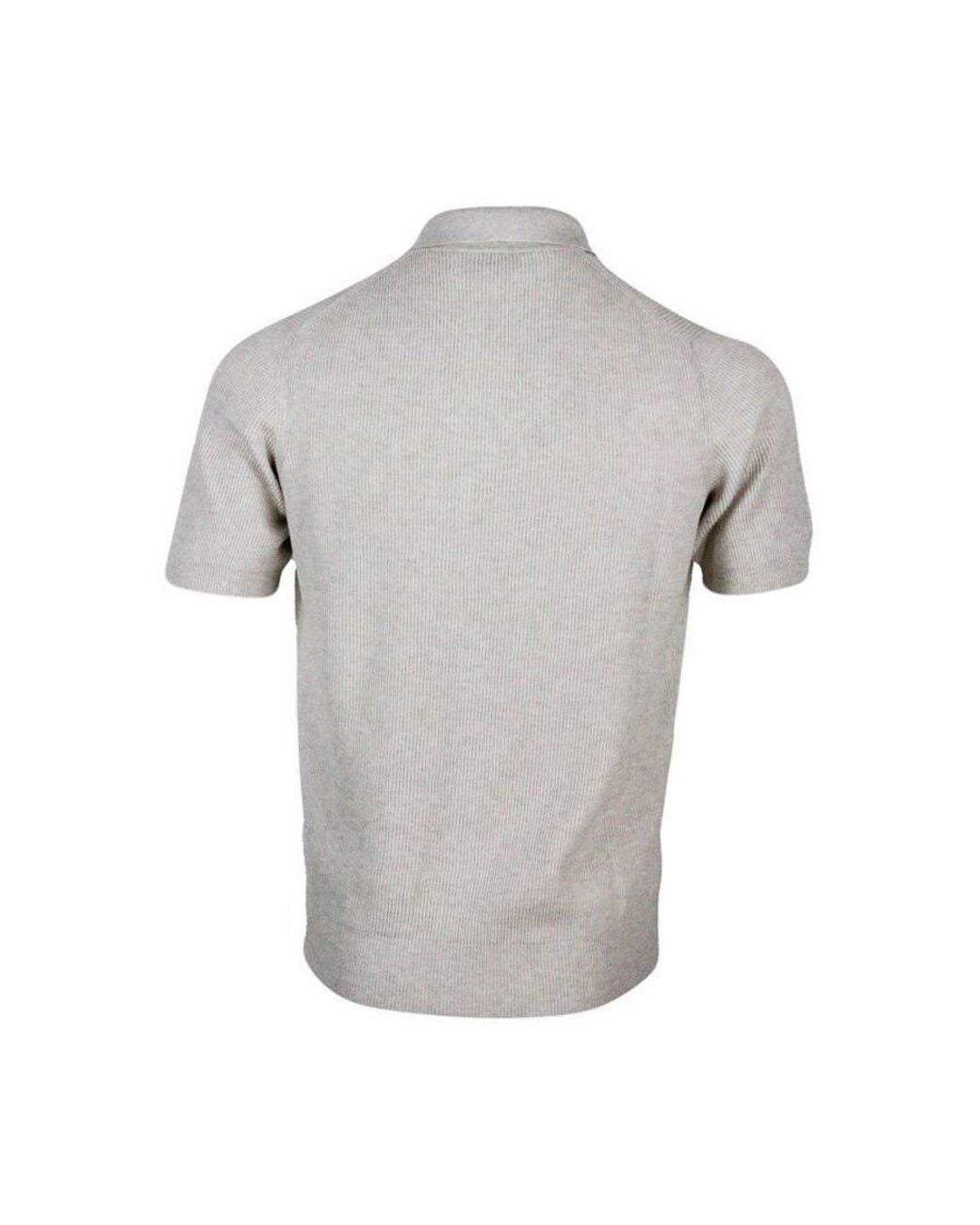 Brunello Cucinelli Gray Oat Ribbed Knit Polo Sweater, Brand Size 46 (Us for men