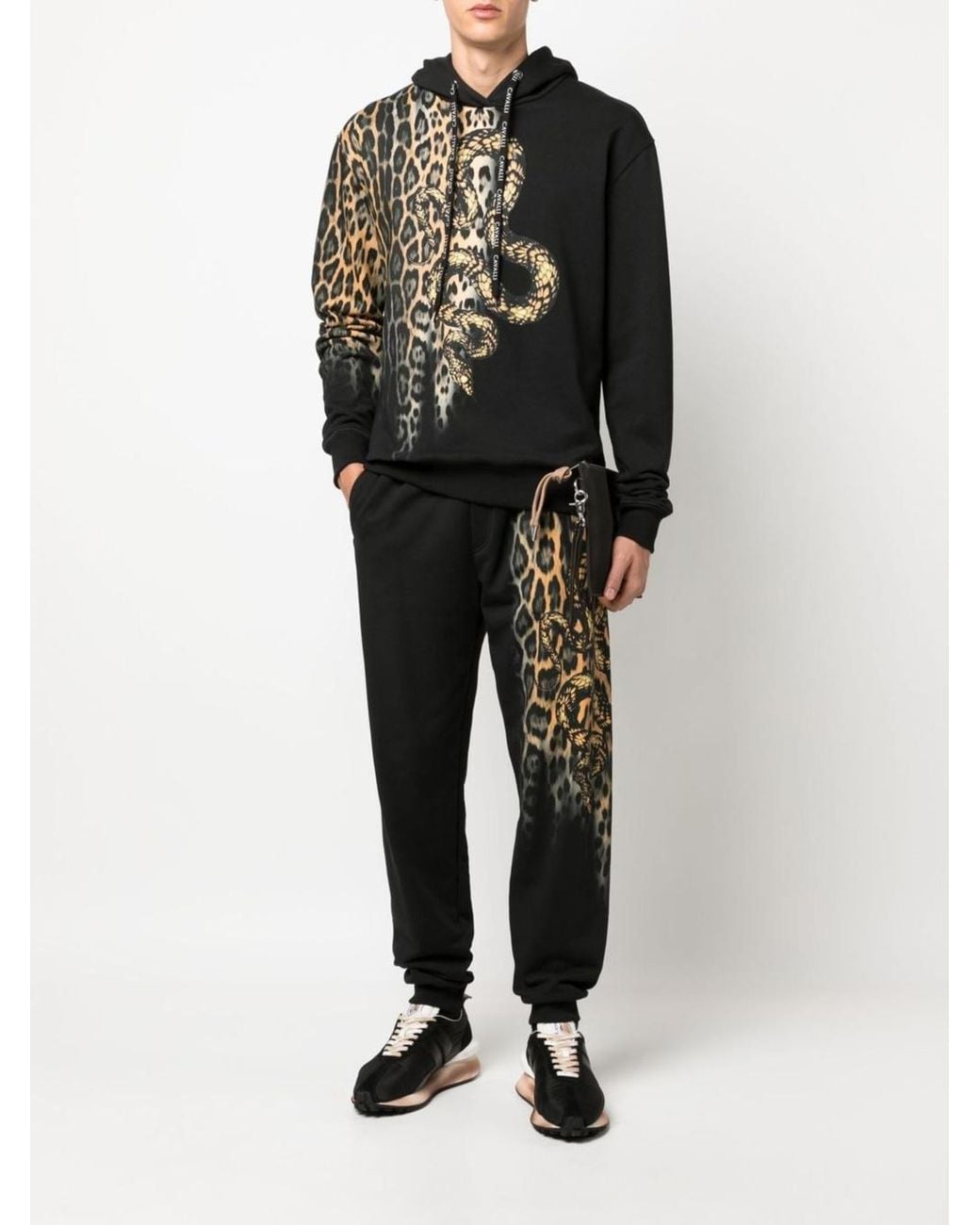 Roberto Cavalli Black Animal-Print Cotton Trousers for men