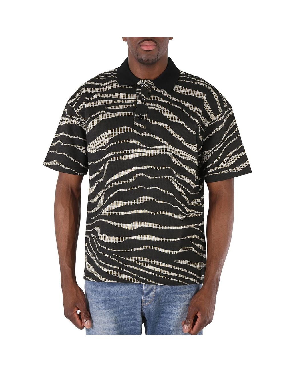 Roberto Cavalli Black Zebra And Check Print Polo Shirt for men