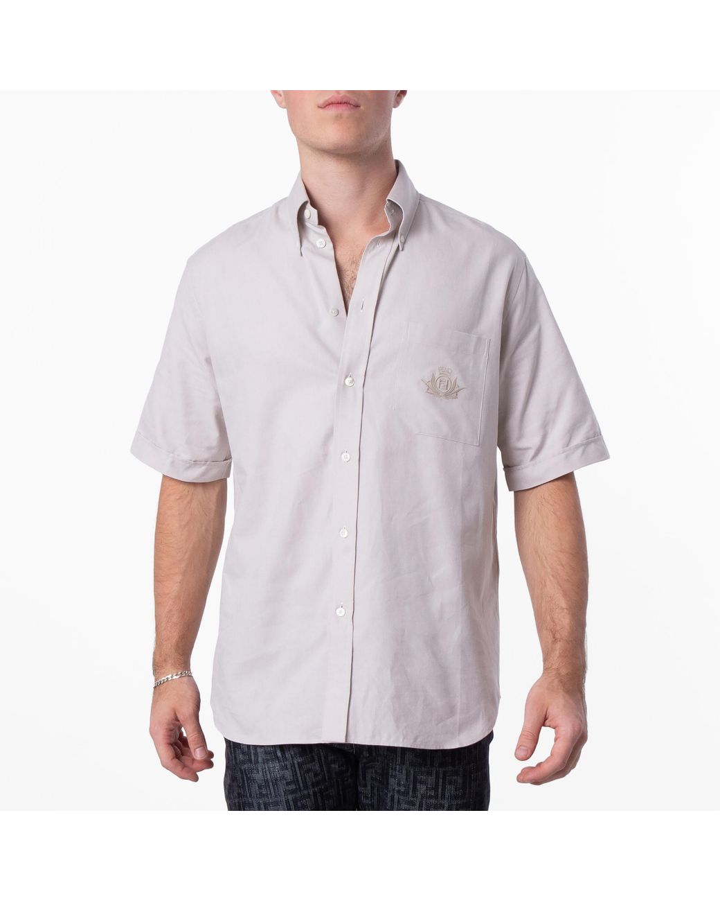 Fendi Gray Logo Embroidered Button Down Shirt for men