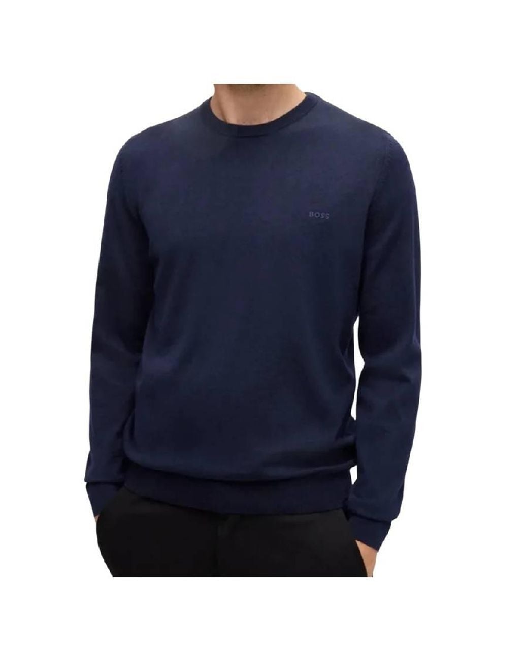 Boss Blue Embroidered Logo Long Sleeve Wool Sweater for men