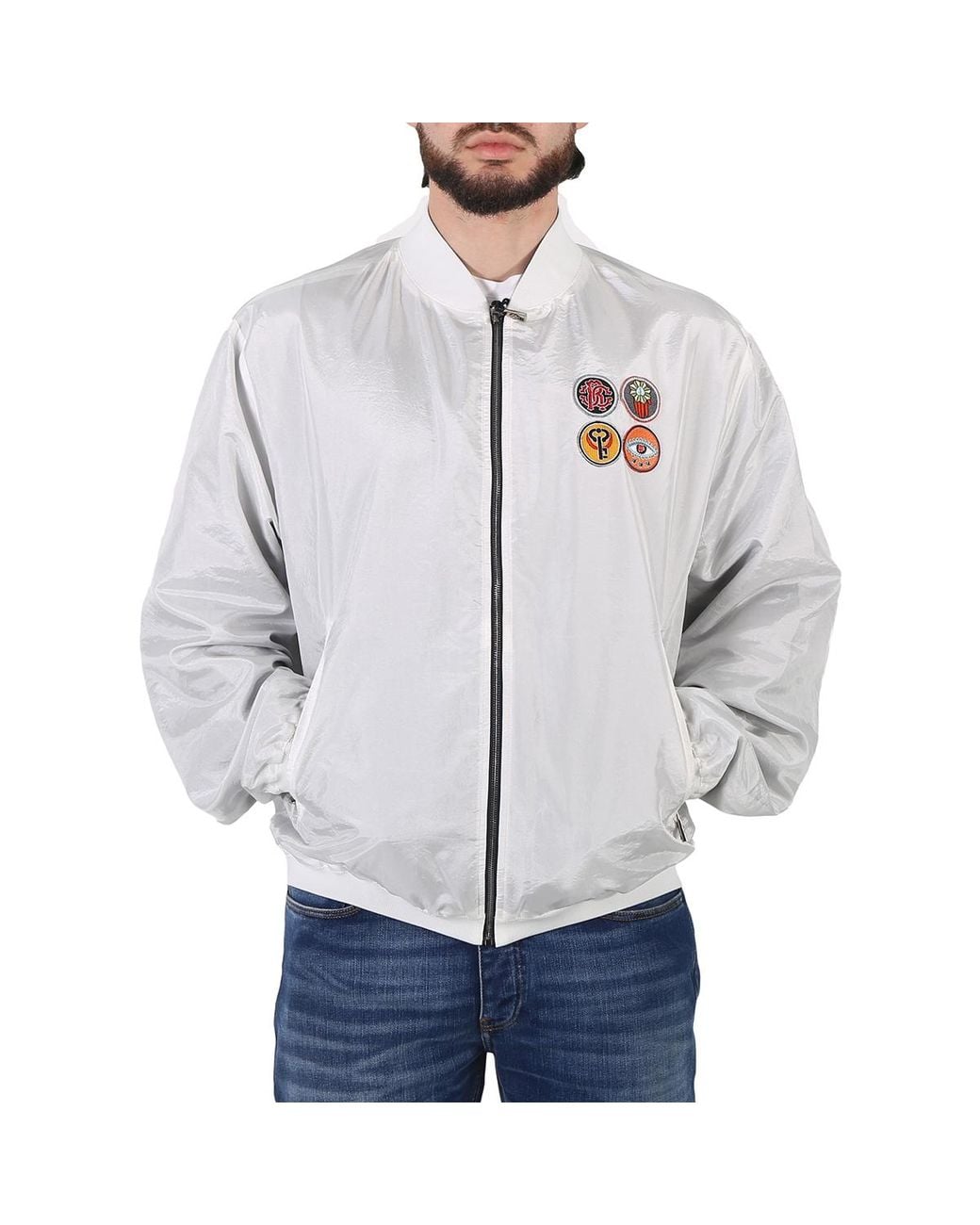 Roberto Cavalli Gray Lucky Symbols Applique Reversible Bomber Jacket, Brand Size 54 (Us for men