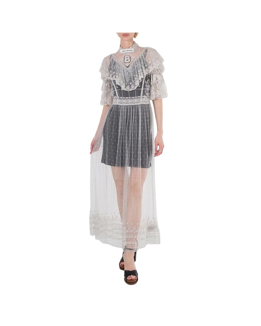 Burberry Gray Ladies Light Pebble Long Lace Dress, Brand Size 6 (Us