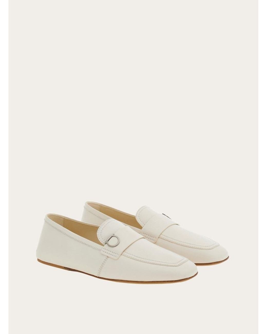 Ferragamo White Gancini Ornament Leather Loafers for men