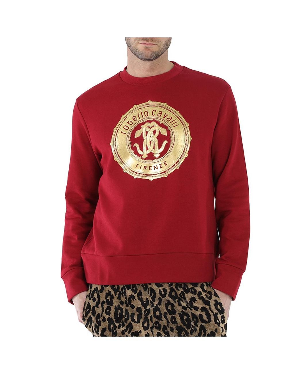 Roberto Cavalli Red Carmine Foil Mirror Snake Logo Cotton Sweatshirt for men