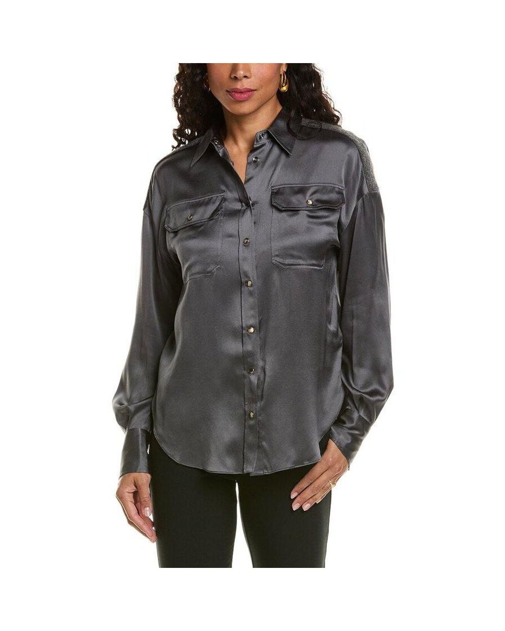 Brunello Cucinelli Gray Charcoal Satin Button-Up Shirt, Size X-Large for men