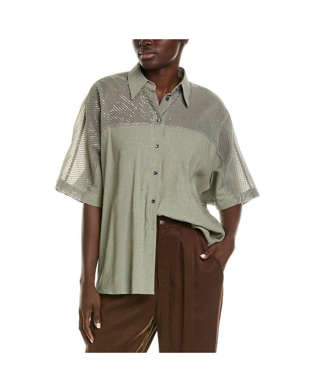 Brunello Cucinelli Green Sage Shirt With Sheer Sequined Yoke for men