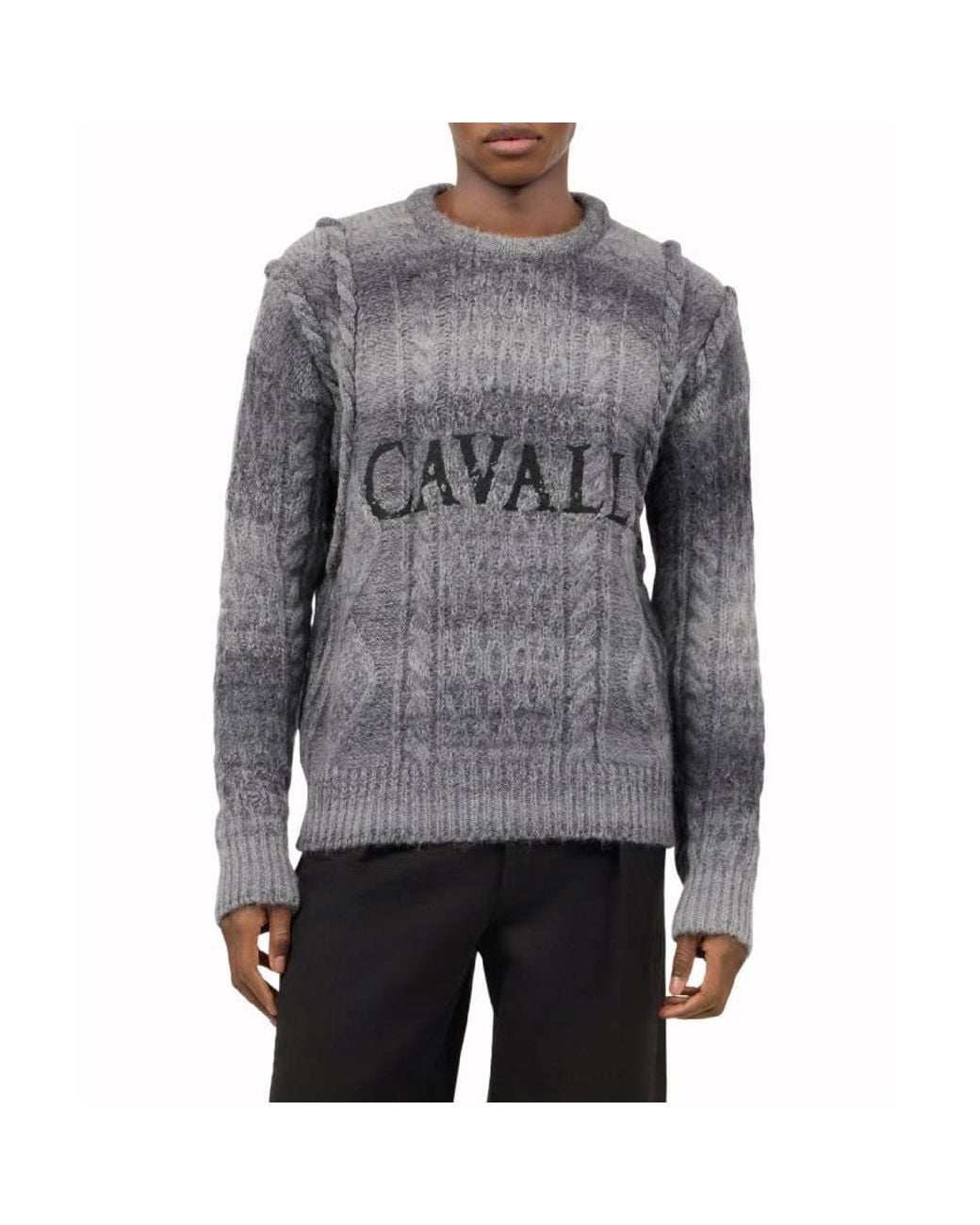 Roberto Cavalli Gray Logo-Embroidered Cable-Knit Sweater for men