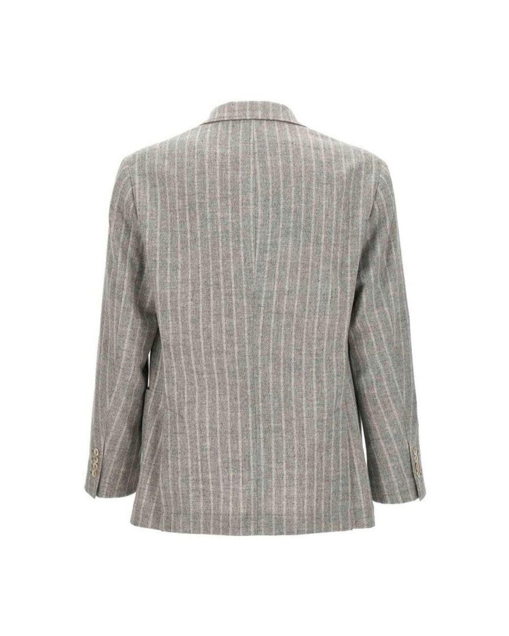 Brunello Cucinelli Gray Striped Double-Breasted Blazer, Brand Size 48 (Us for men
