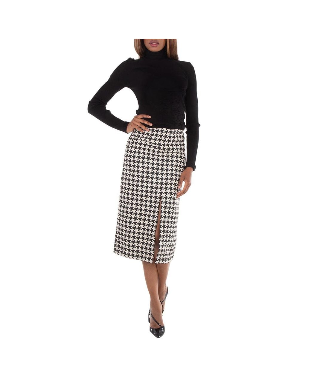 Burberry Black Houndstooth Pattern Midi Skirt, Brand Size 4 Us