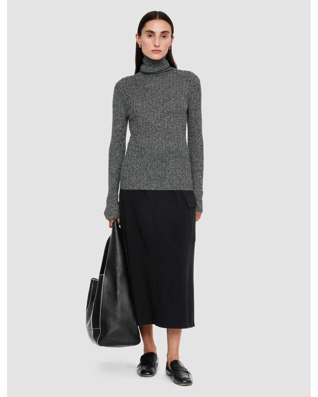 Joseph Gray Ribbed Cable Knit High Neck Jumper