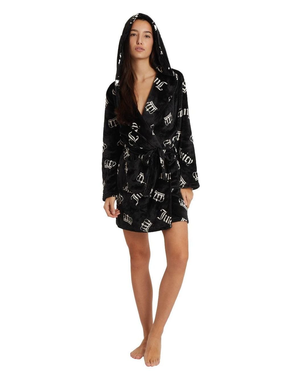 Juicy Couture Hooded Luxe Plush Robe in Black | Lyst