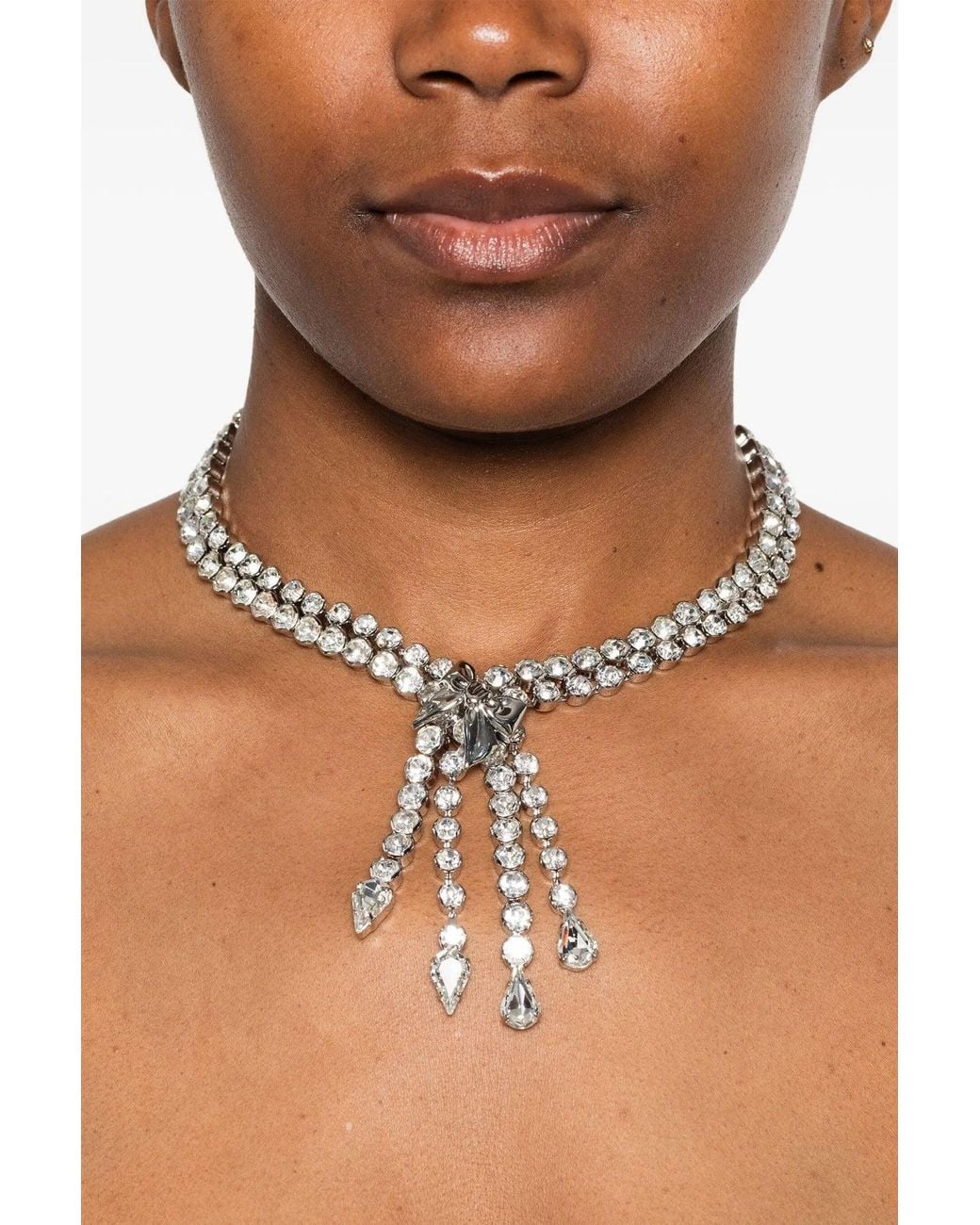 Alessandra Rich Metallic Necklace 'Crystal Necklace With Bow And Fringes'