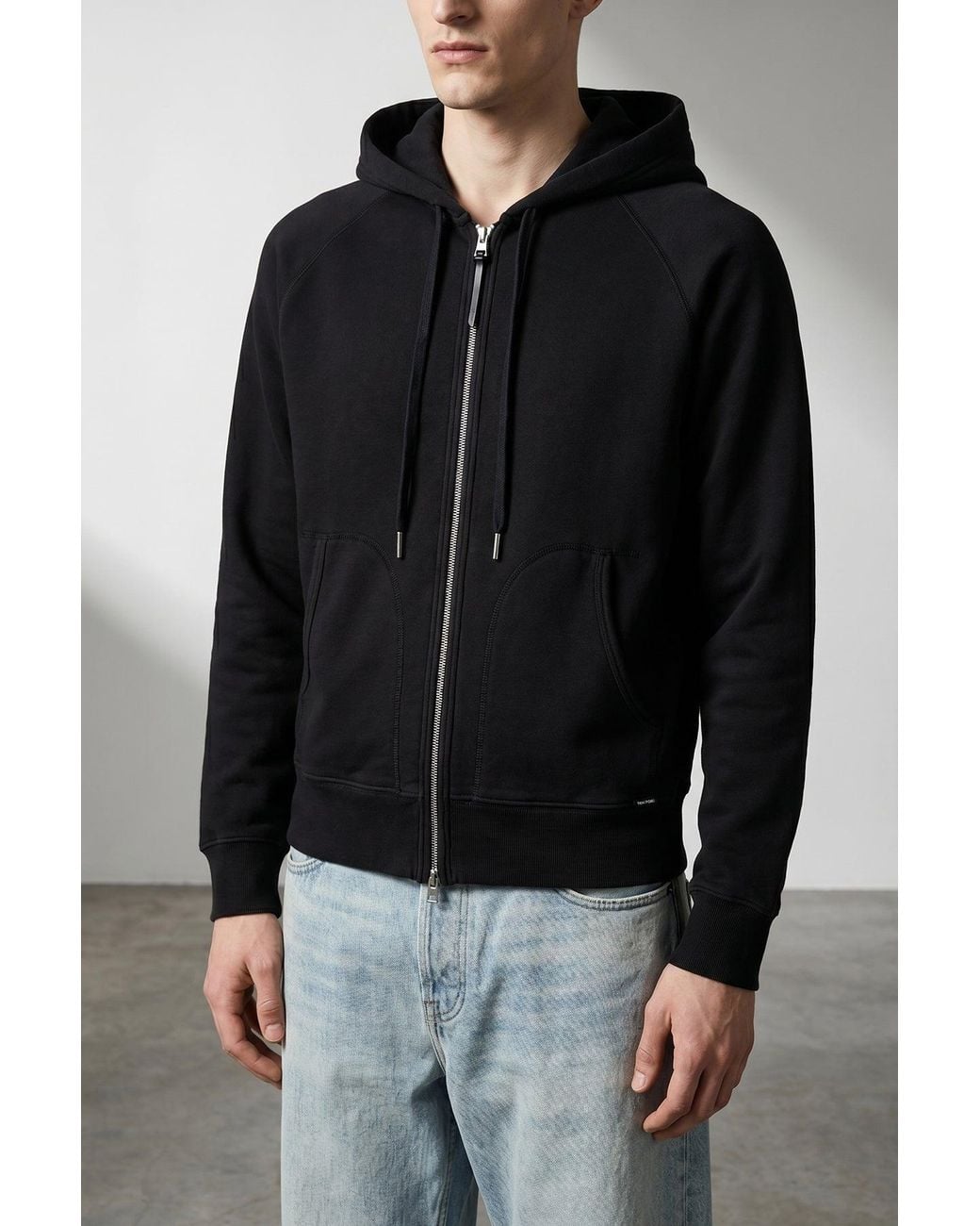 Tom Ford Black Zip Hoodie Leather Details for men
