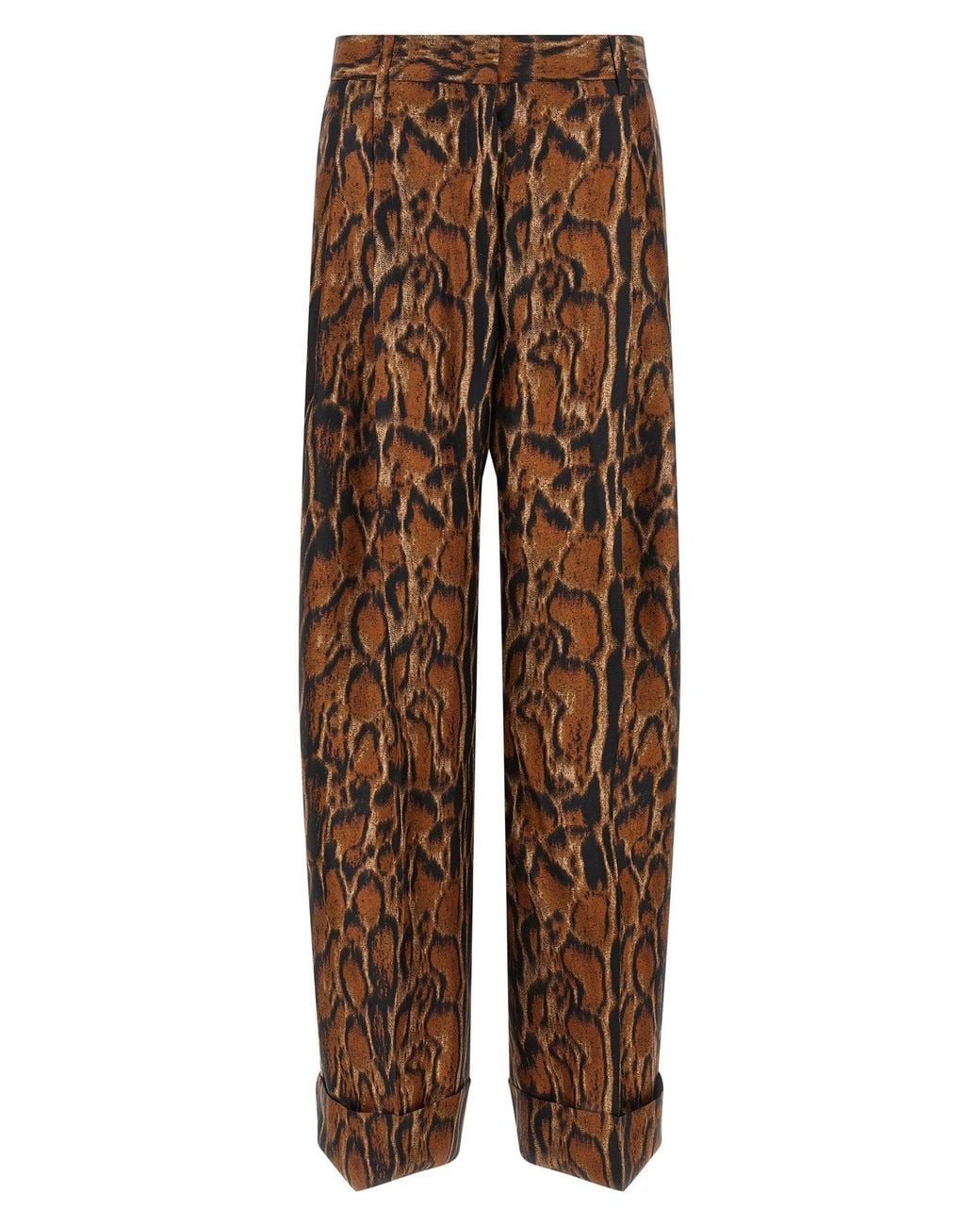 Alberto Biani Brown Lynx Print Silk Trousers