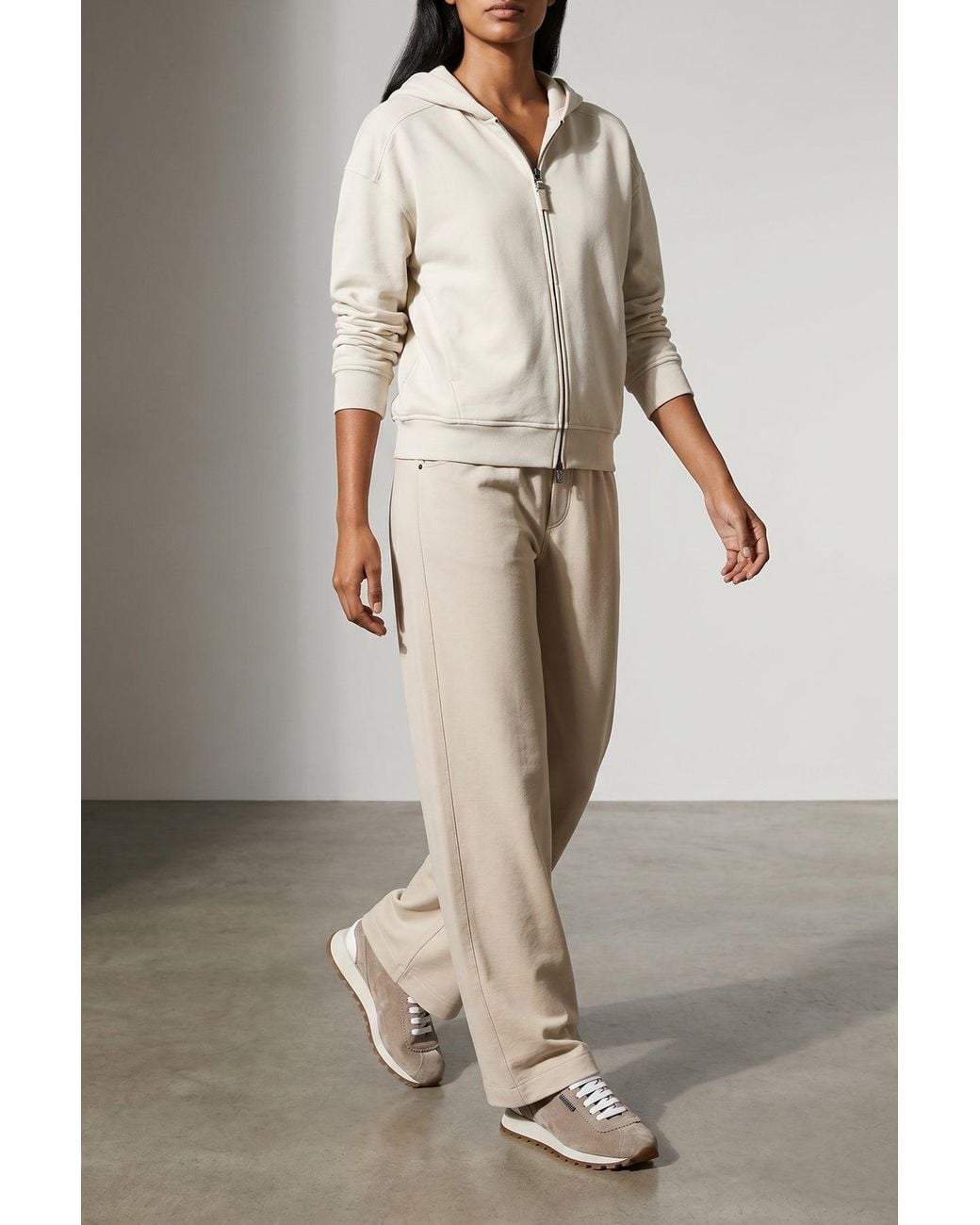 Brunello Cucinelli White Hoodie With Embellished Zipper Pull
