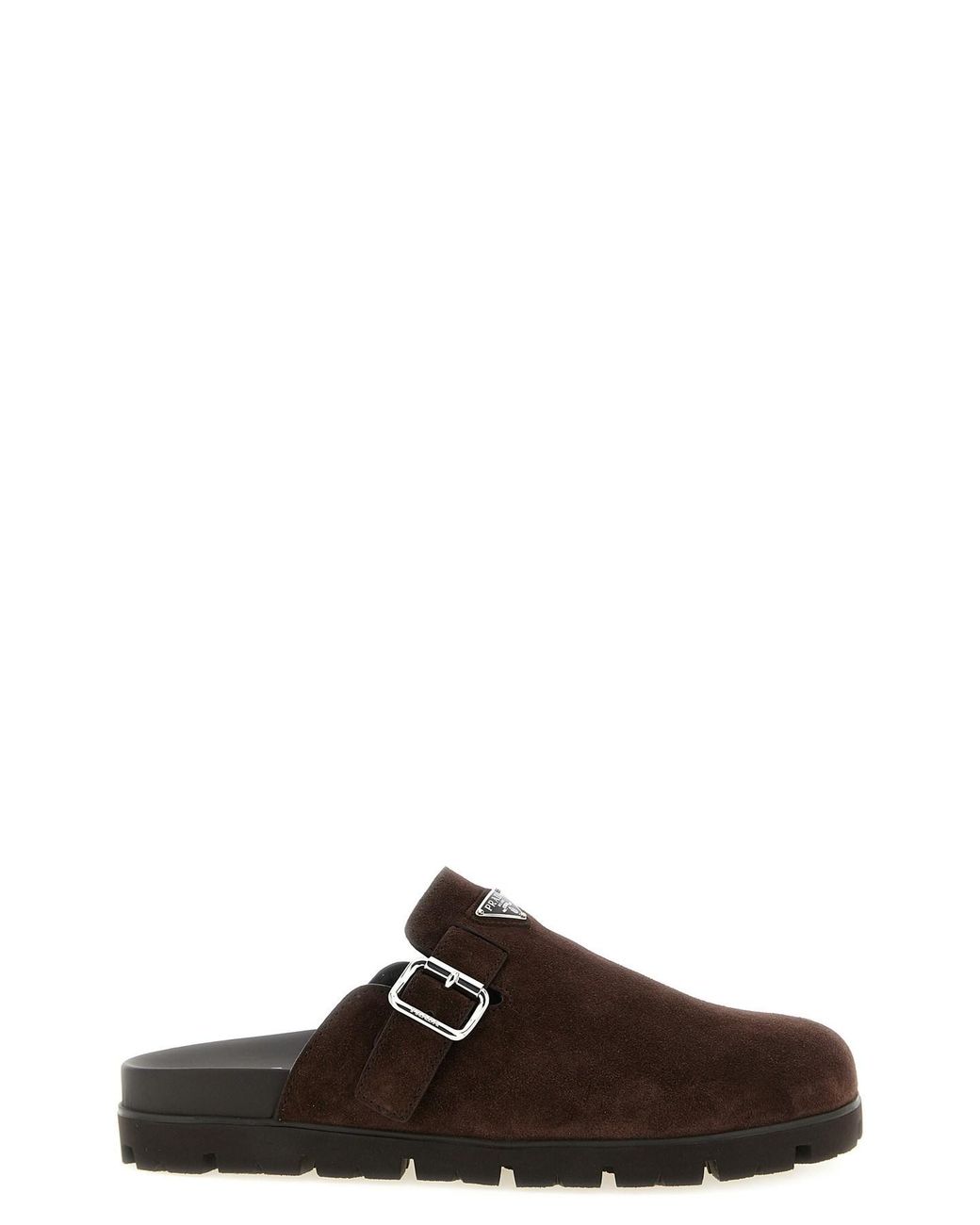 Prada Brown Enameled Triangle Logo Sabots for men