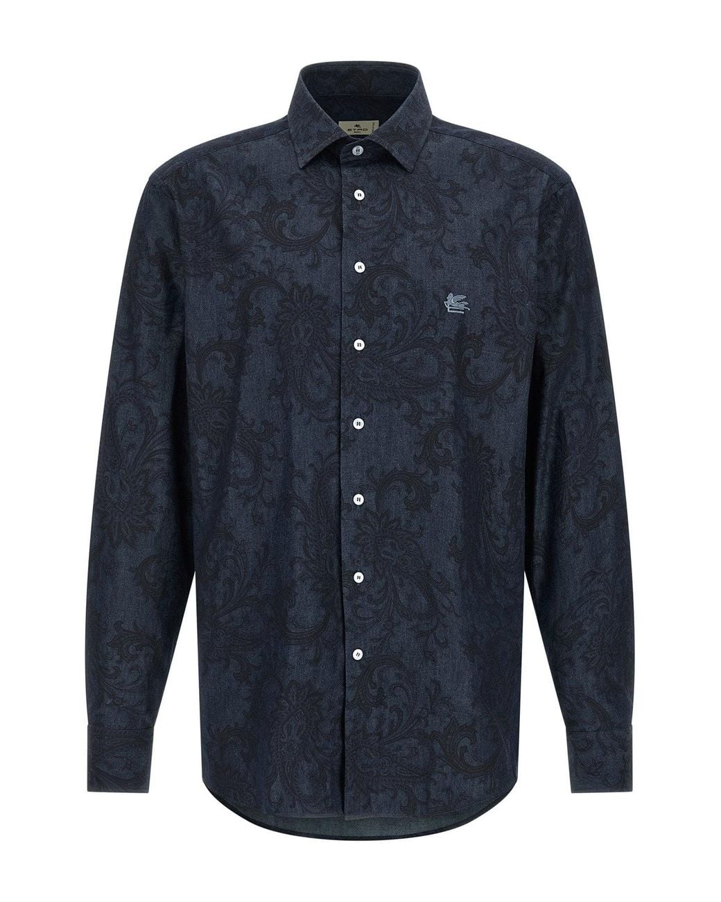 Etro Blue Cotton Shirt With Pegaso Embroidery for men