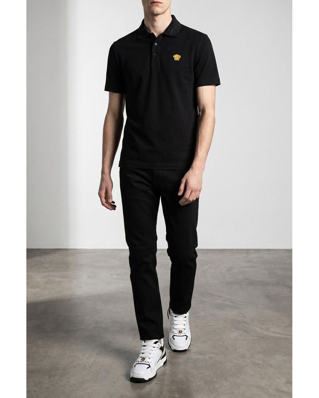 Versace Black Polo Shirt With Medusa Embroidery for men