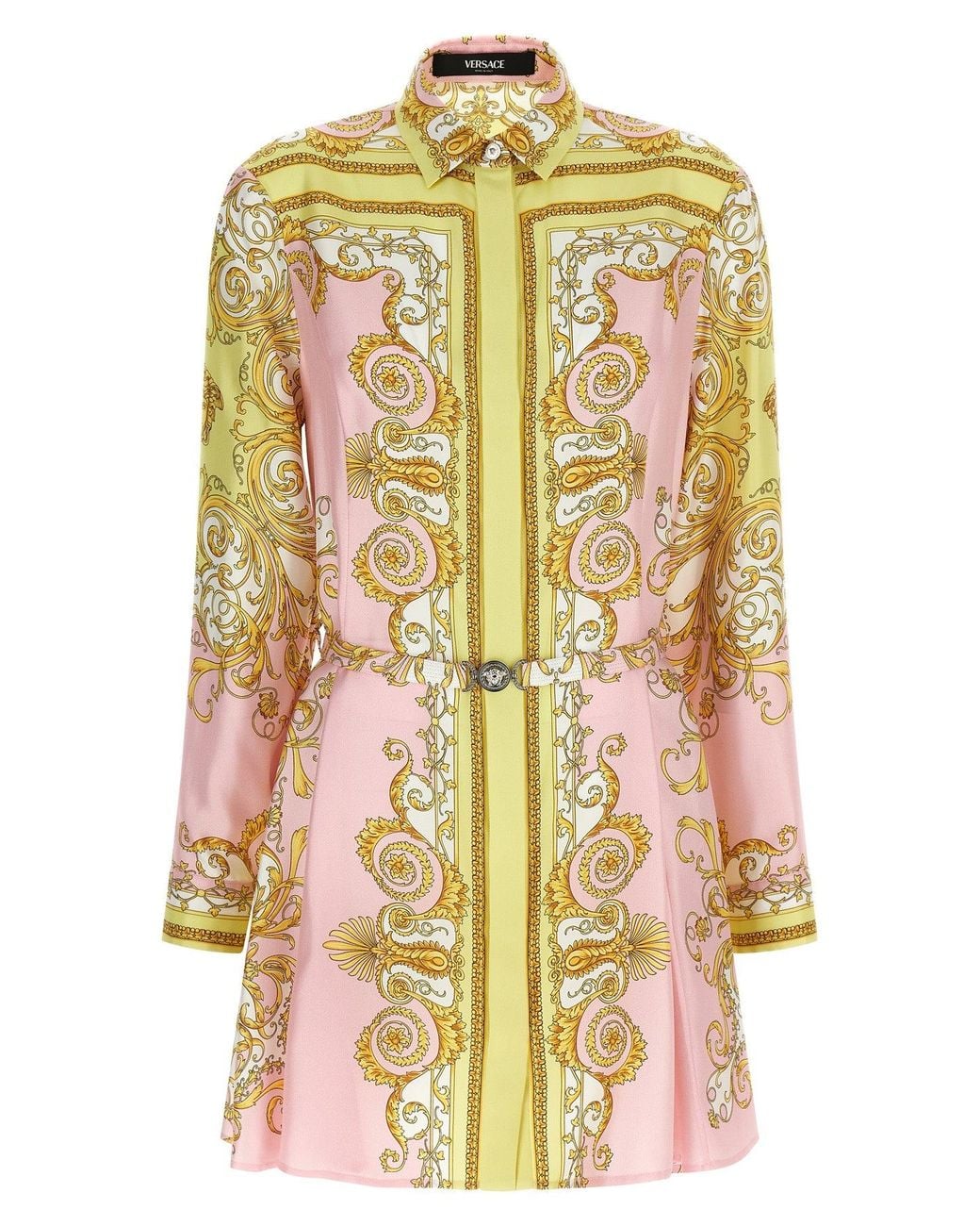 Versace Metallic Silk Shirt Dress With Medusa Hardware