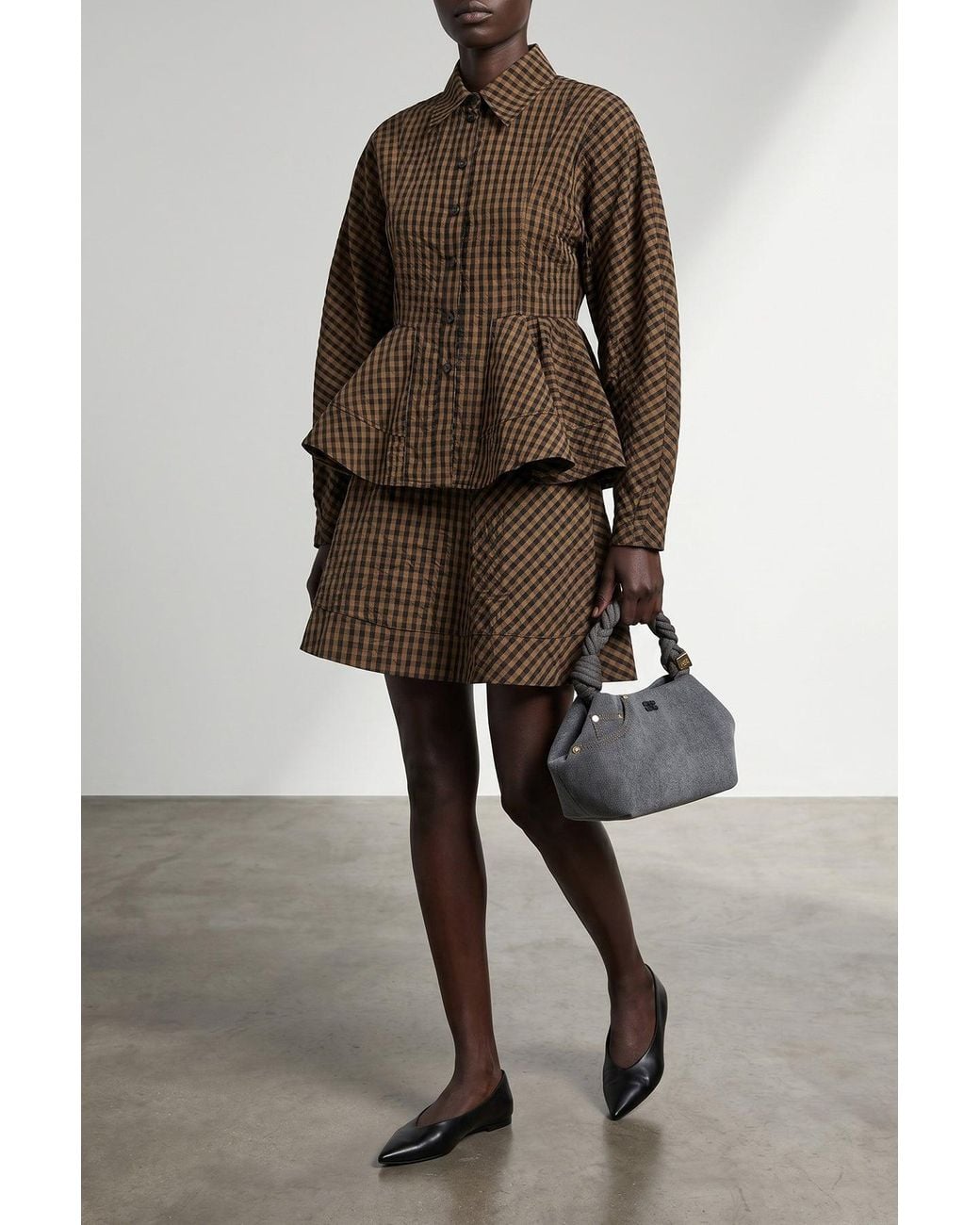 Ganni Brown Crinkled Texture Flared Skirt