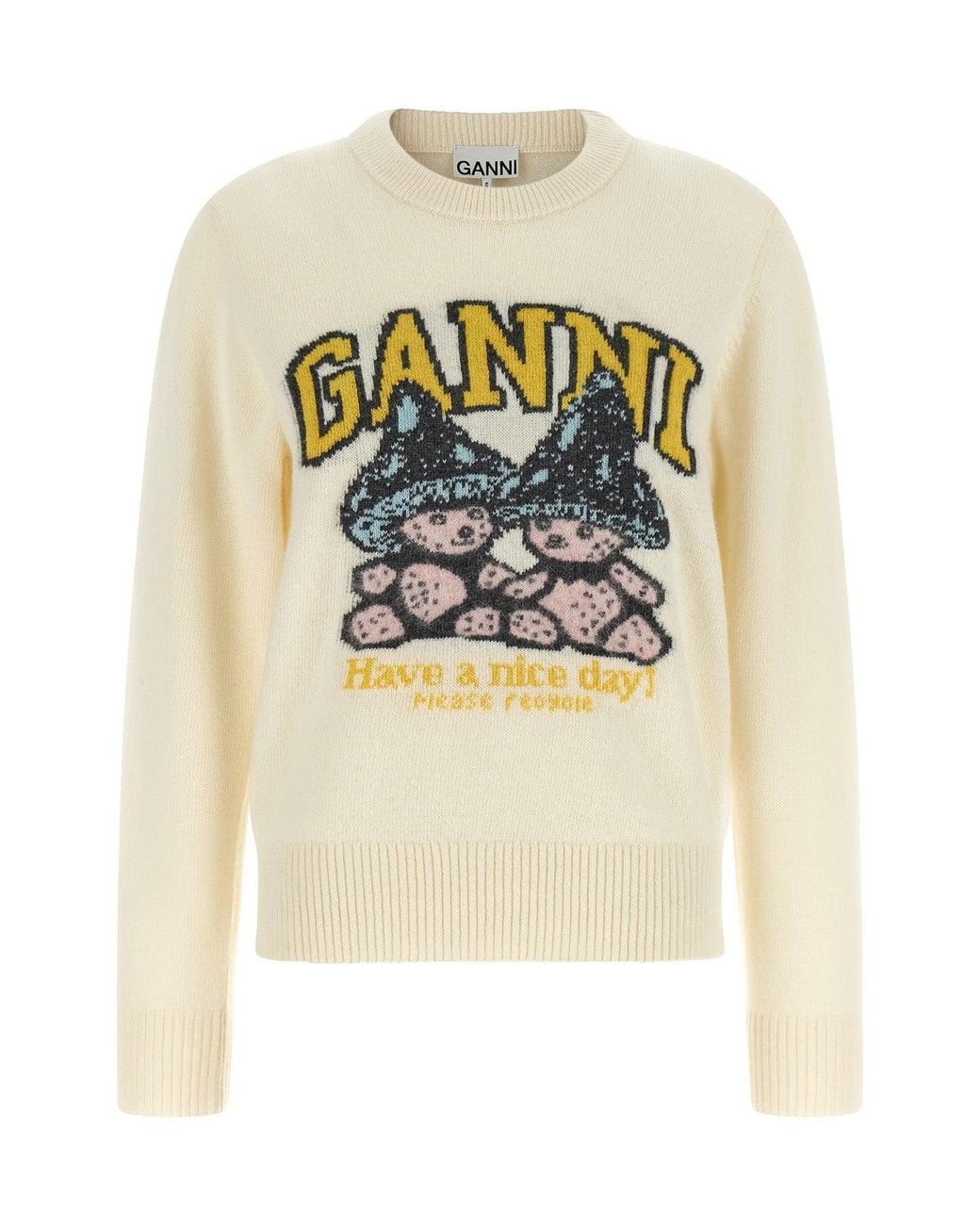 Ganni White Intarsia Knit Sweater