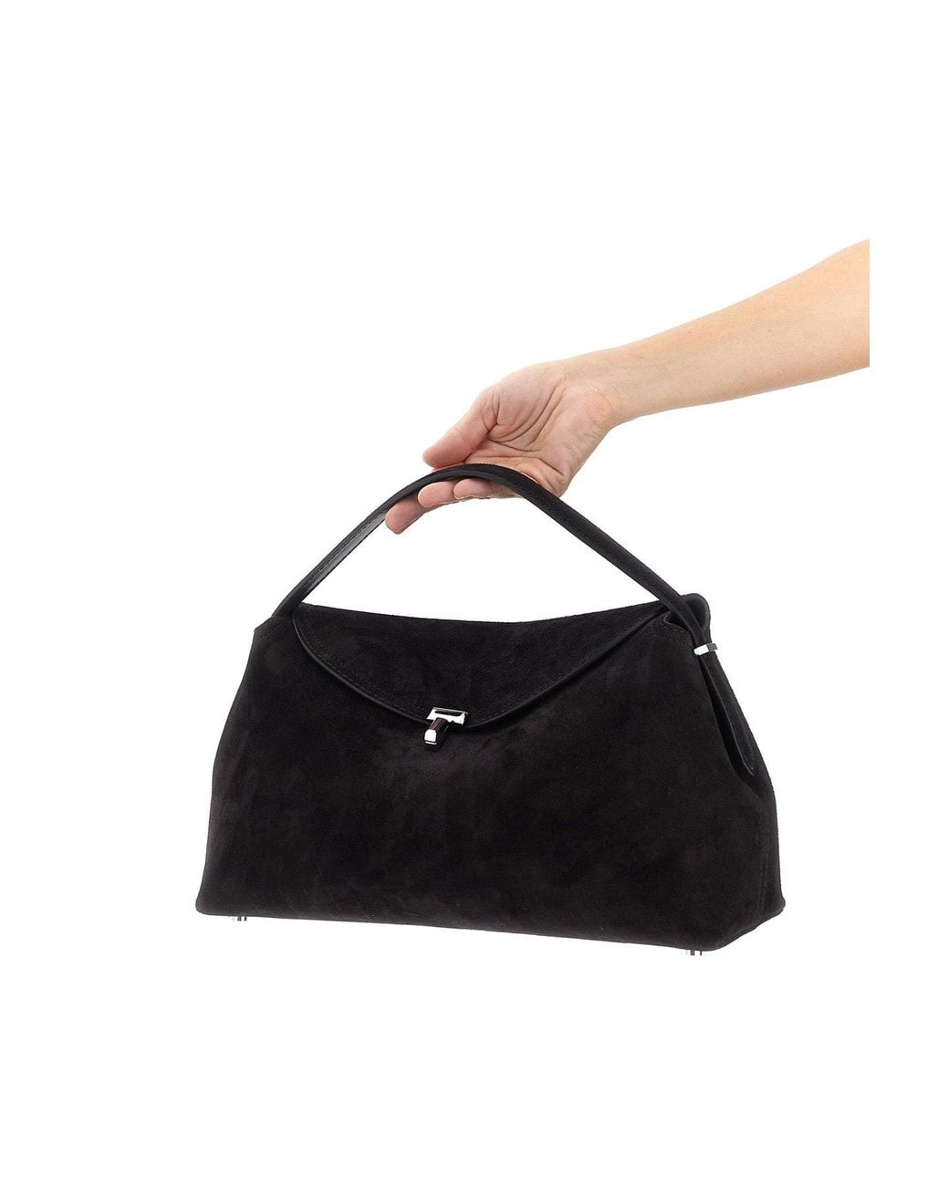 Totême Black Suede T-Lock Top Handle Bag With Metal Hardware