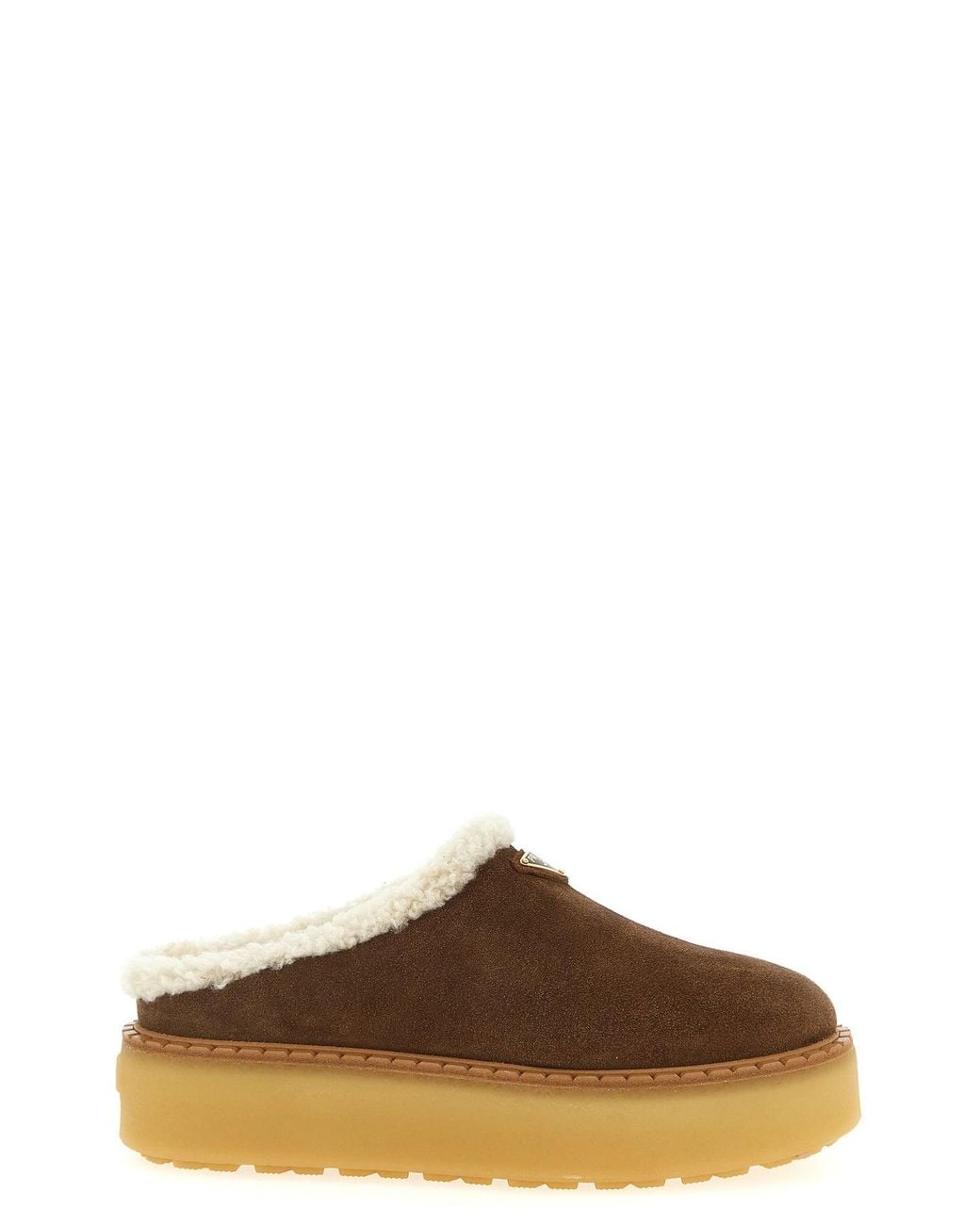 Prada Brown Suede Sabots With Enamel Logo