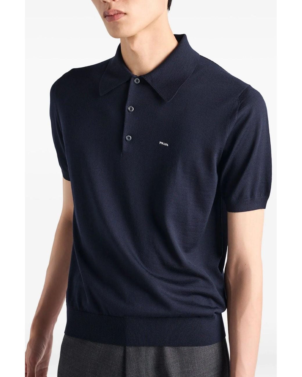 Prada Blue Virgin Wool Polo Shirt With Logo Detail for men