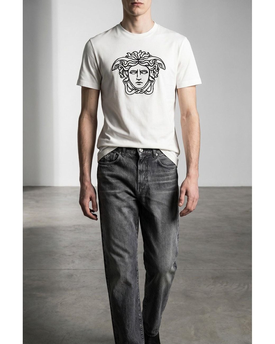 Versace White Cotton T-Shirt With Medusa Embroidery for men