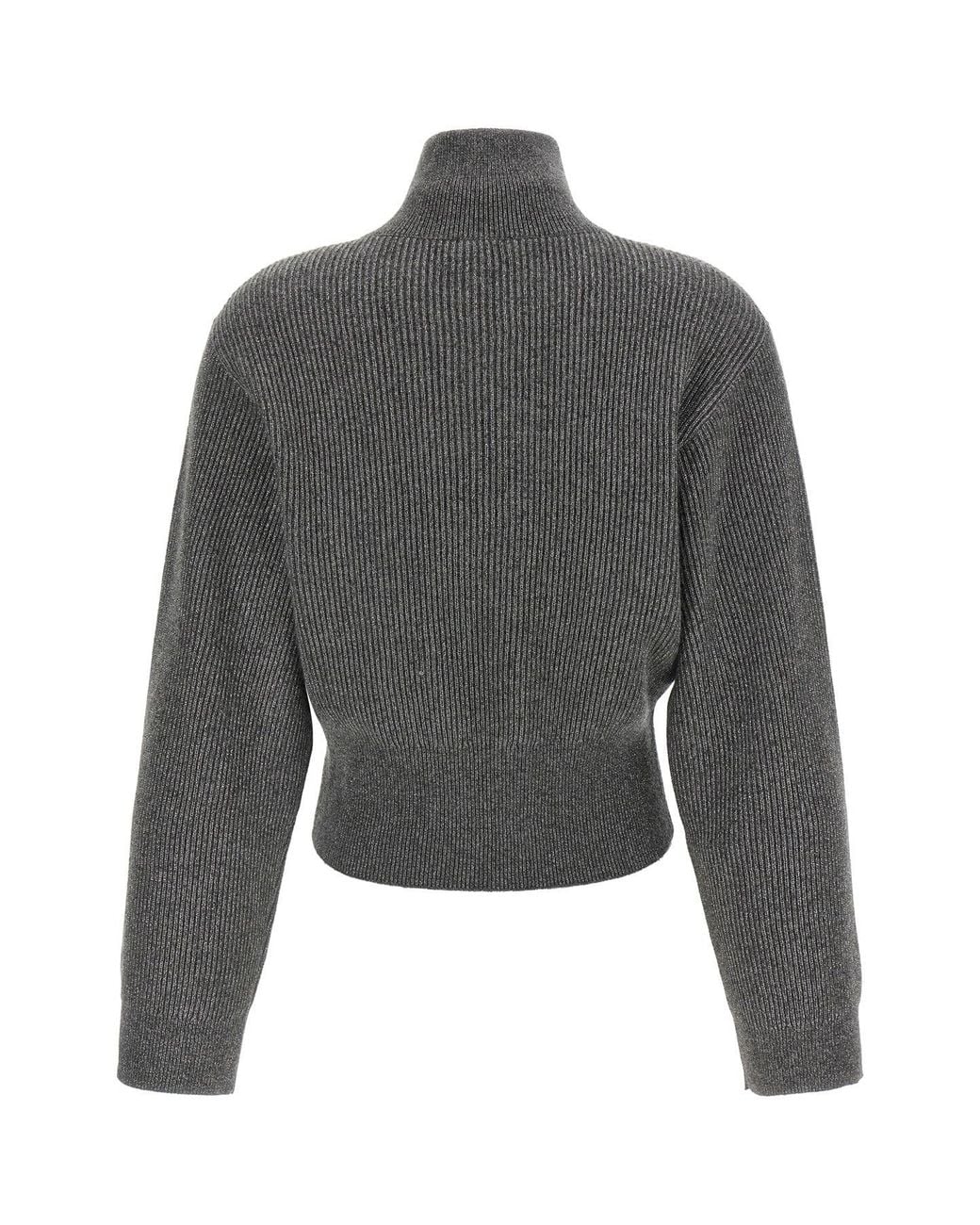 Brunello Cucinelli Gray Ribbed Cardigan With Leather Detail