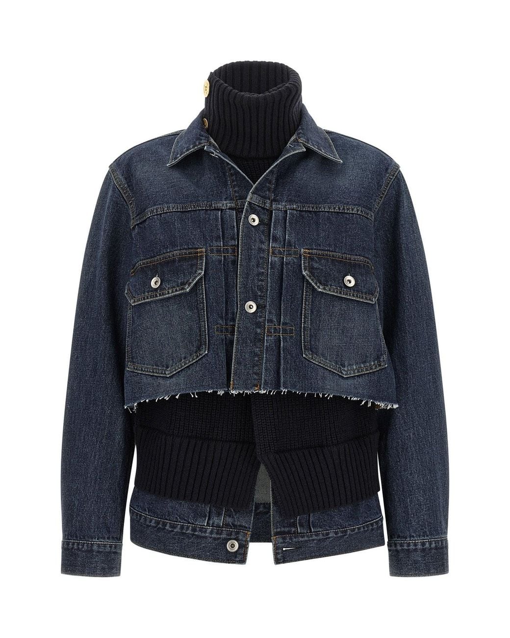 Sacai Blue Denim Jacket With Ribbed Knit Underlayer
