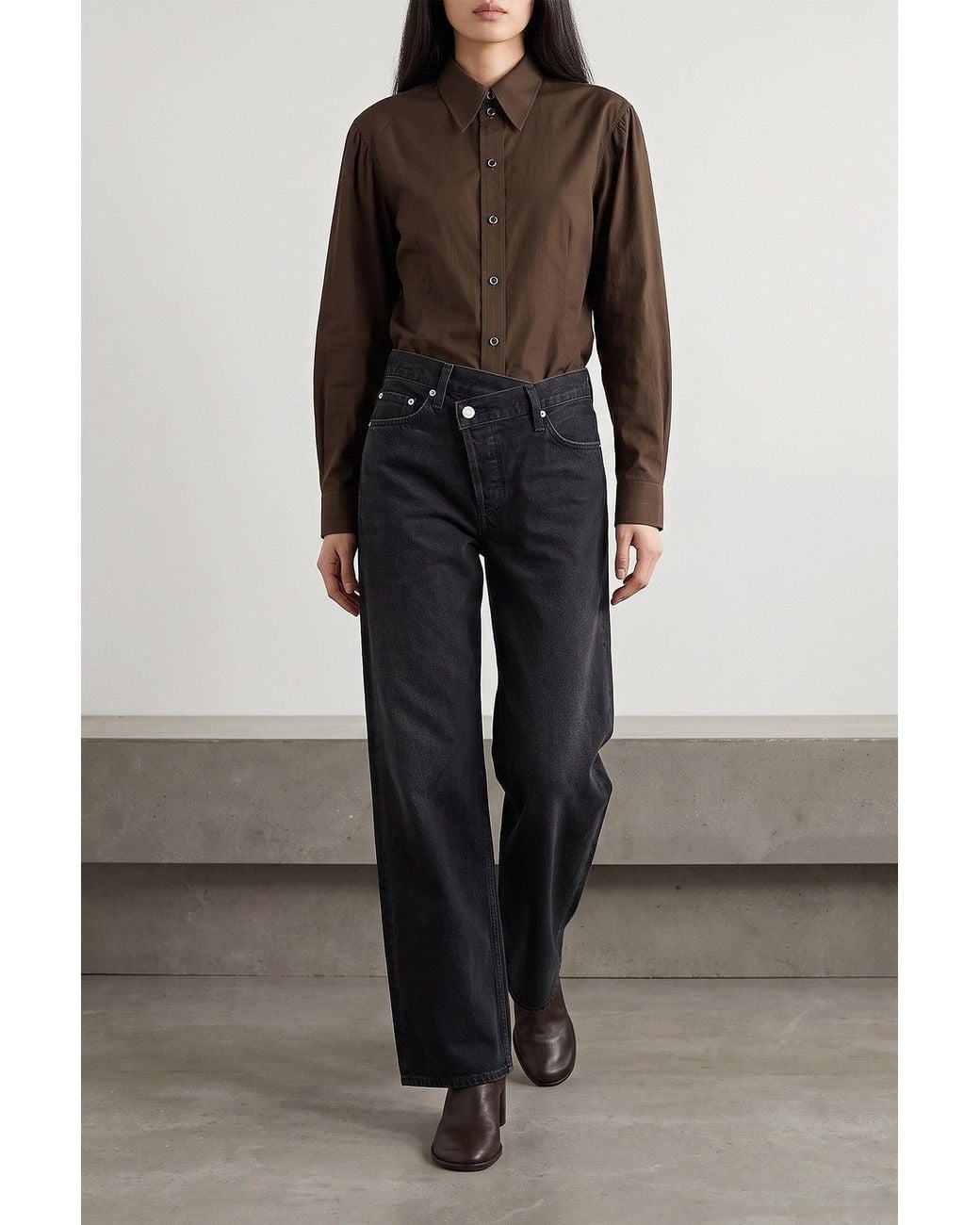 Lemaire Brown Pointed Collar Silk-Blend Shirt
