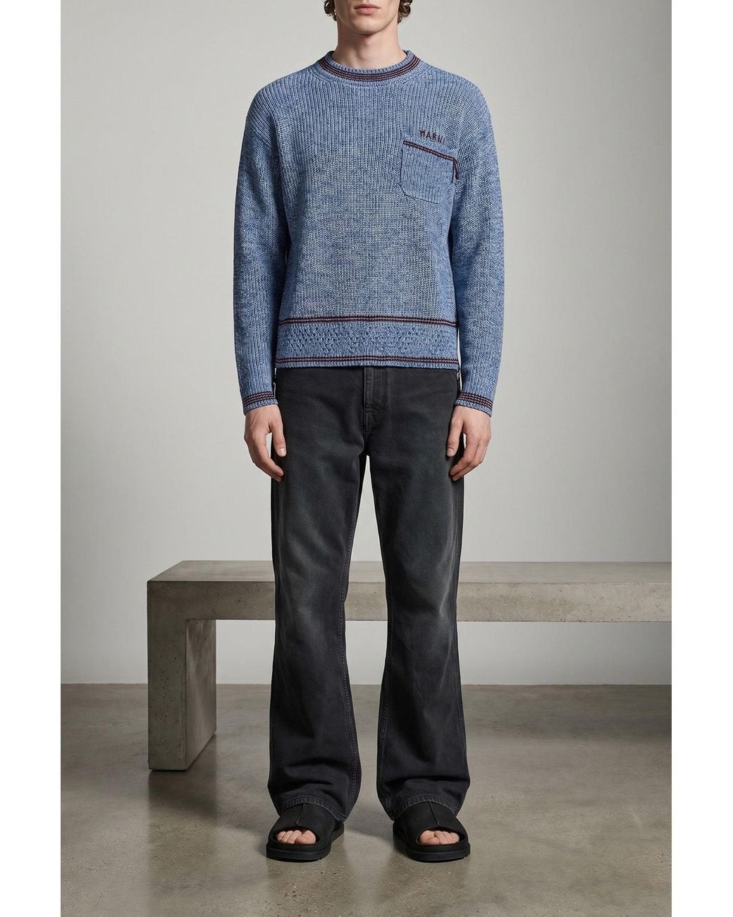 Marni Blue Crewneck Sweater With Mending Details for men