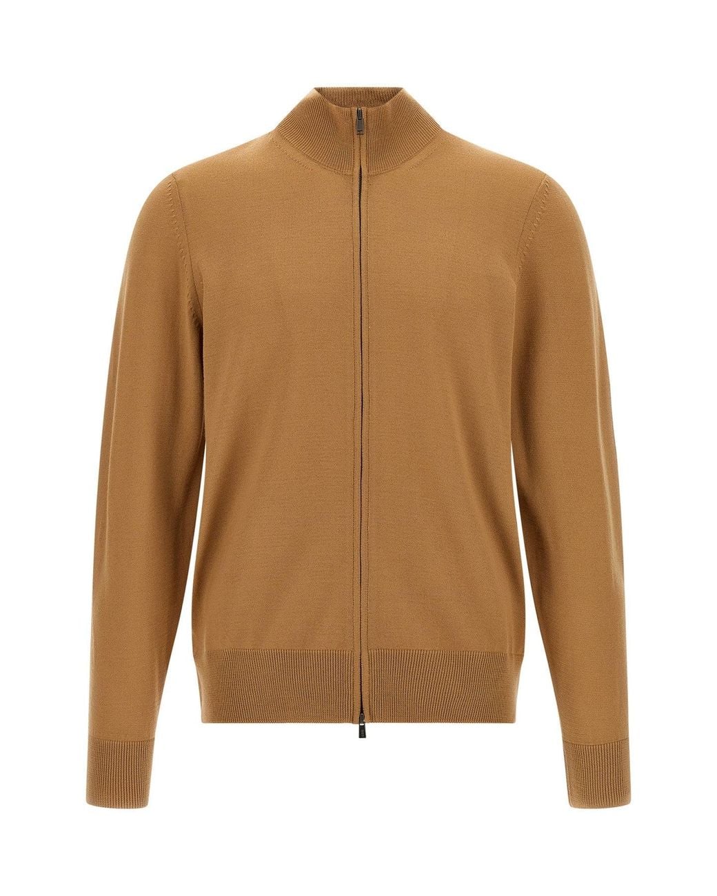 Boss Brown Virgin Wool Zip Cardigan for men
