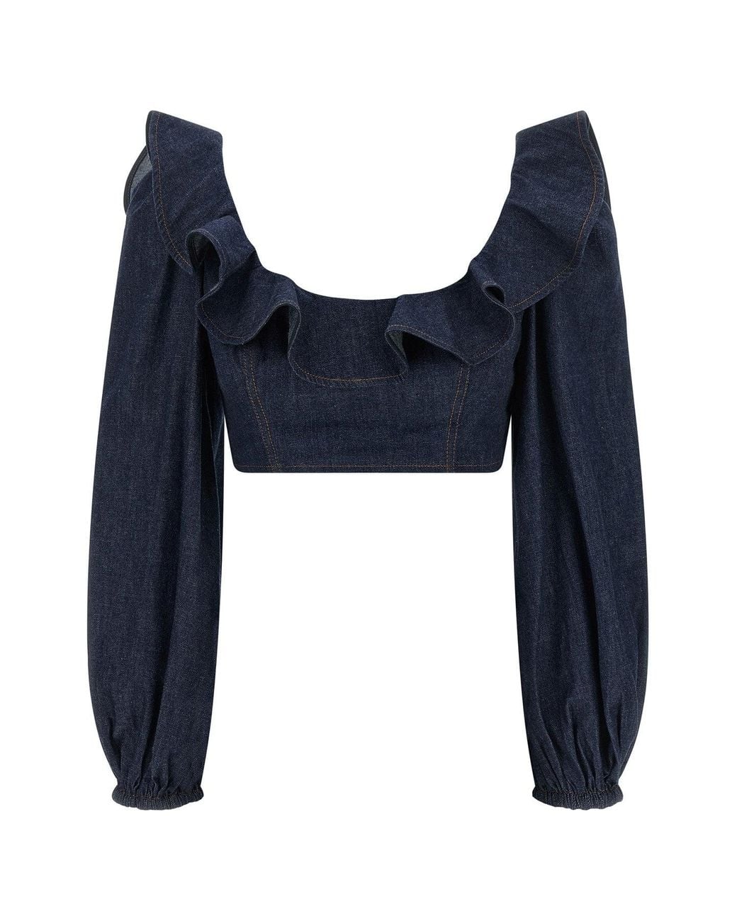 Zimmermann Blue Cropped Denim Top With Ruffled Neckline