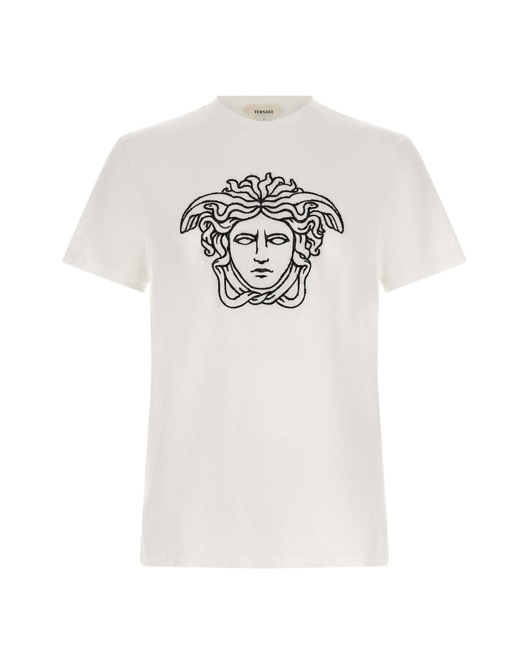 Versace White Cotton T-Shirt With Medusa Embroidery for men